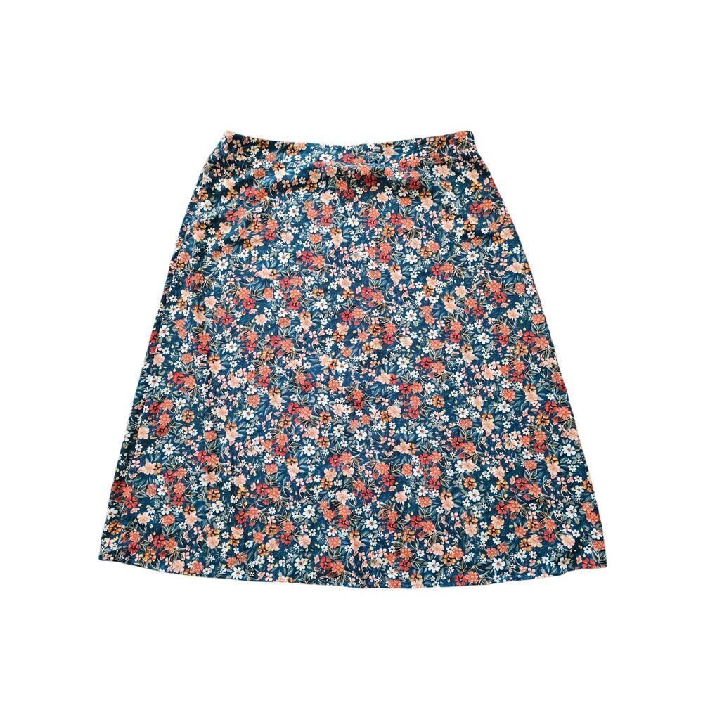 Curvy 4XL Floral A-Line Midi Skirt Navy Red Elastic Waist Cottagecore Plus Size